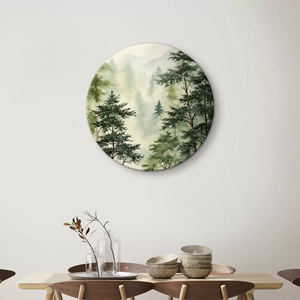 Quadri rotondi Abeti nella foresta sullo sfondo delle montagne, acquerello, verde r40889