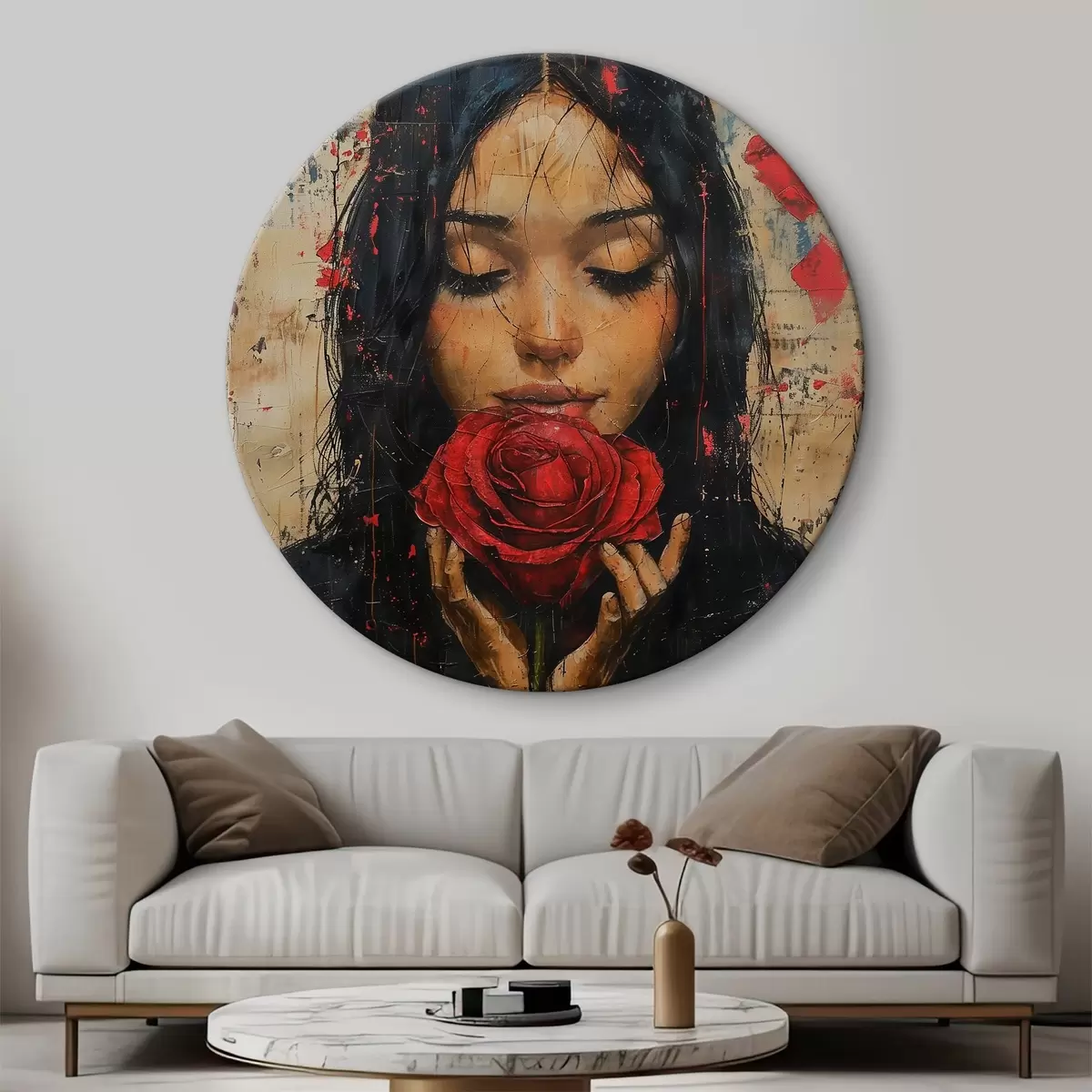 Quadri rotondi Ragazza con una rosa rossa r40898