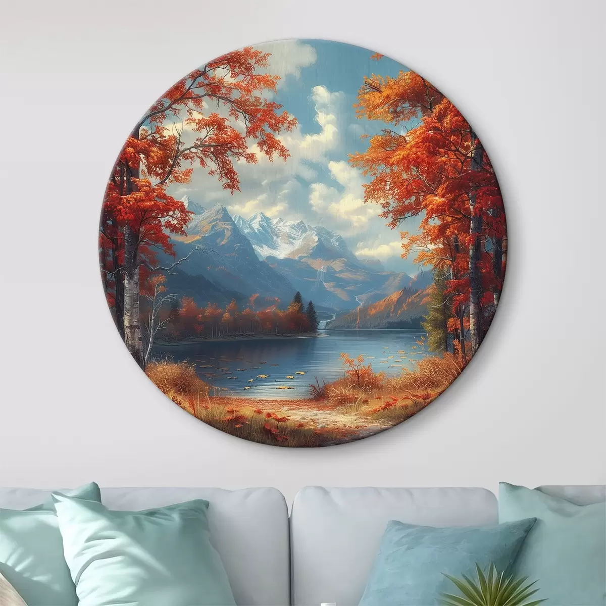 Quadri rotondi Paesaggio autunnale sullo sfondo delle montagne vicino allo stagno r40903