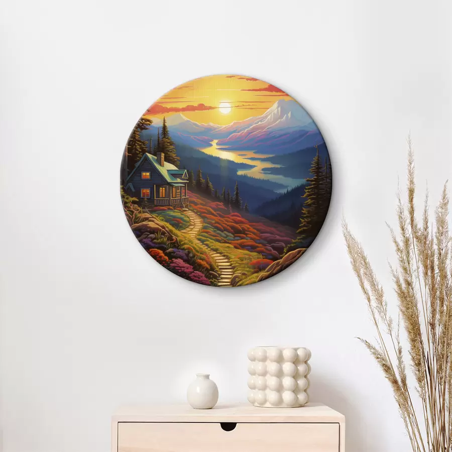 carta da parati Paesaggio colorato con montagne e casa di legno, colori del tramonto nr. r40941