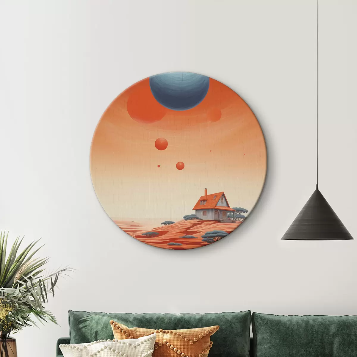 Quadri rotondi Deserto con casa, arte futuristica, spazio, pianeta r40944