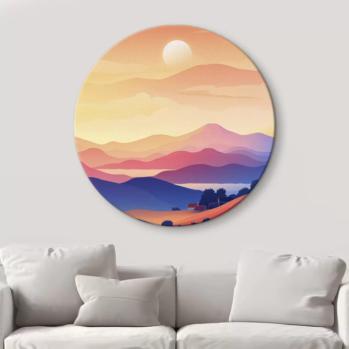 Quadri rotondi Astrazione paesaggi, montagne, tramonto, case r40948