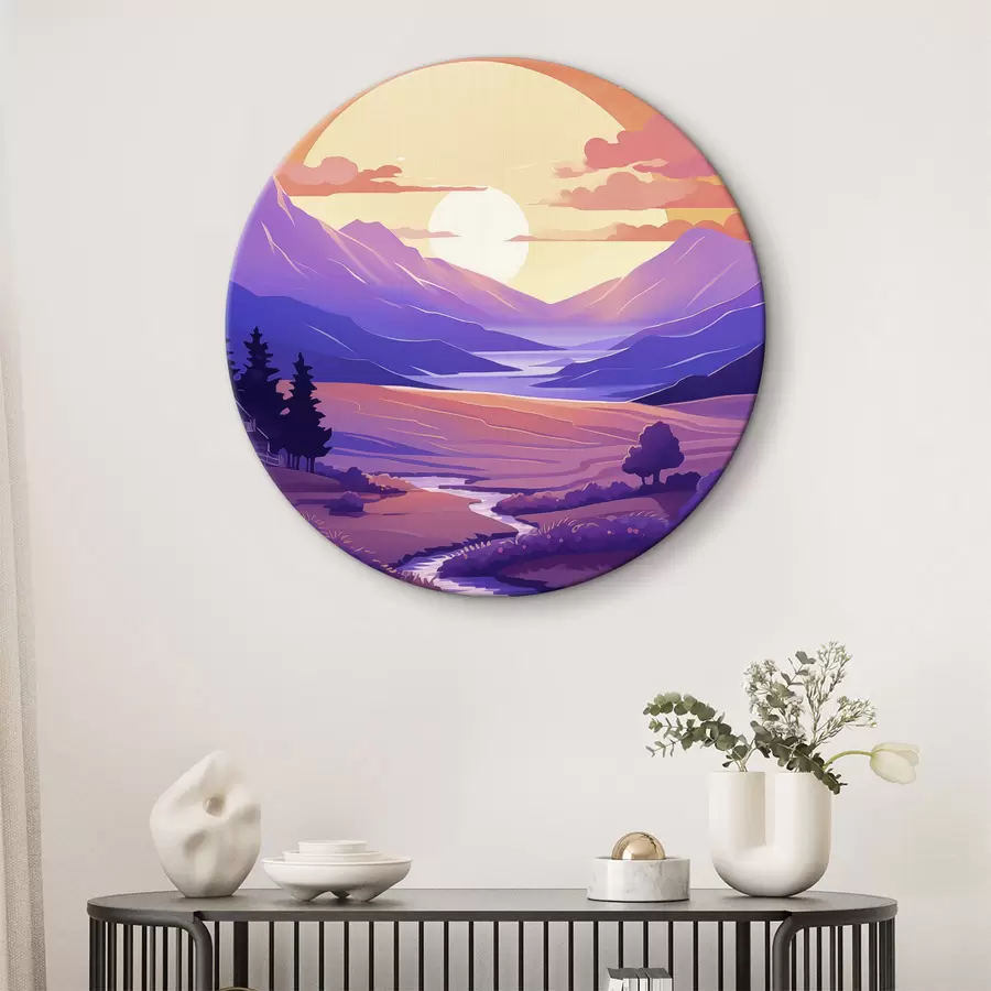 carta da parati Tramonto viola in montagna, fiume, alberi, piccola casa nr. r40949