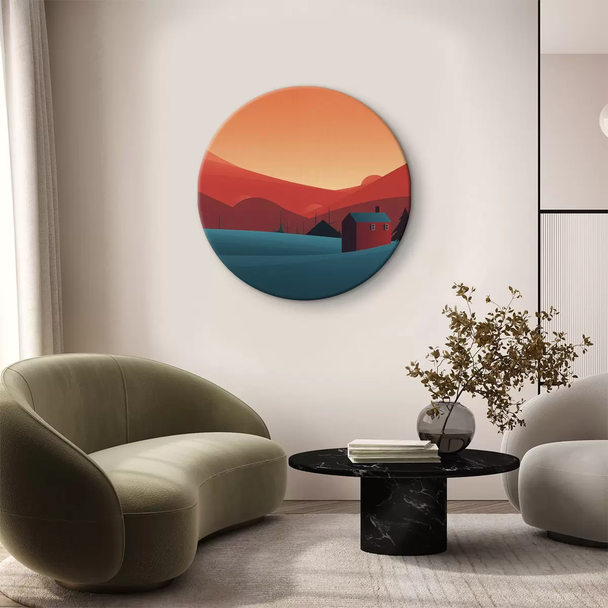 Quadri rotondi Paesaggio minimalista con casa e foresta r40952