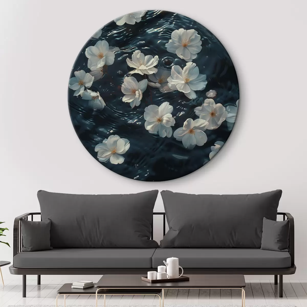 Quadri rotondi Fiori bianchi di gelsomino che galleggiano sull'acqua r40960