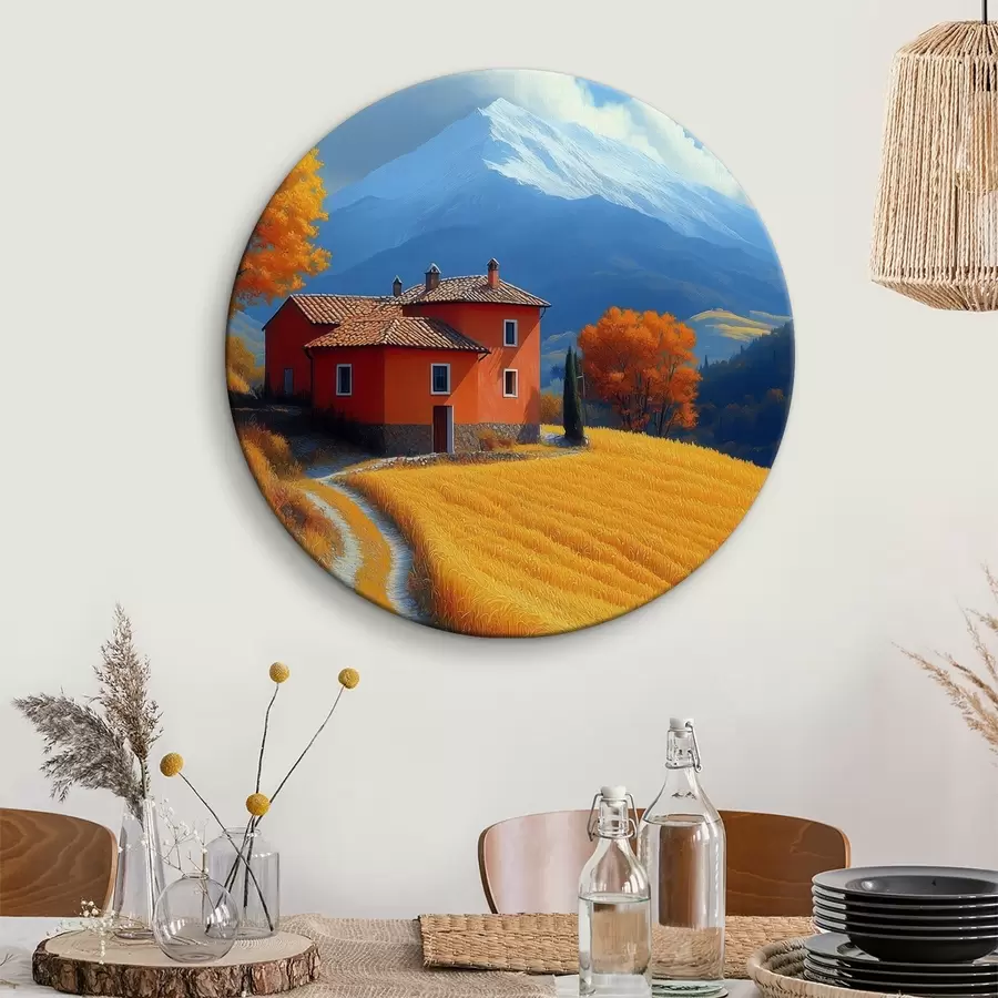 carta da parati Un cottage in un campo con montagne autunnali sullo sfondo nr. r40962