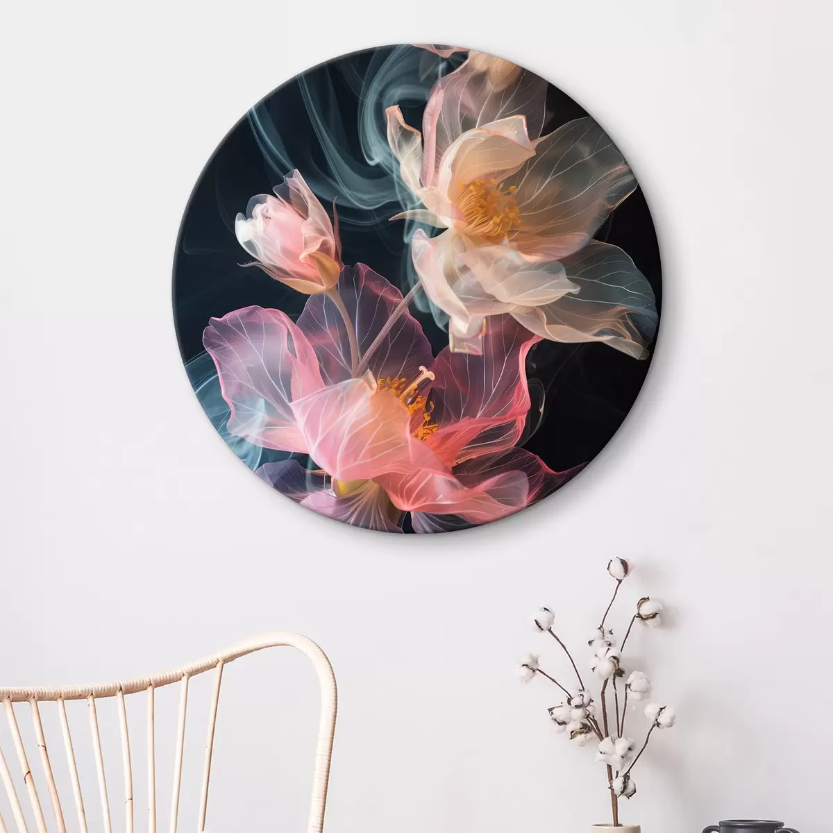 Quadri rotondi Fiori delicati e ariosi circondati dal fumo r40967