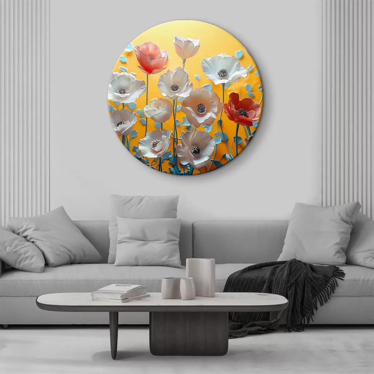 Quadri rotondi Peonie bianche e rosse su sfondo giallo r40975