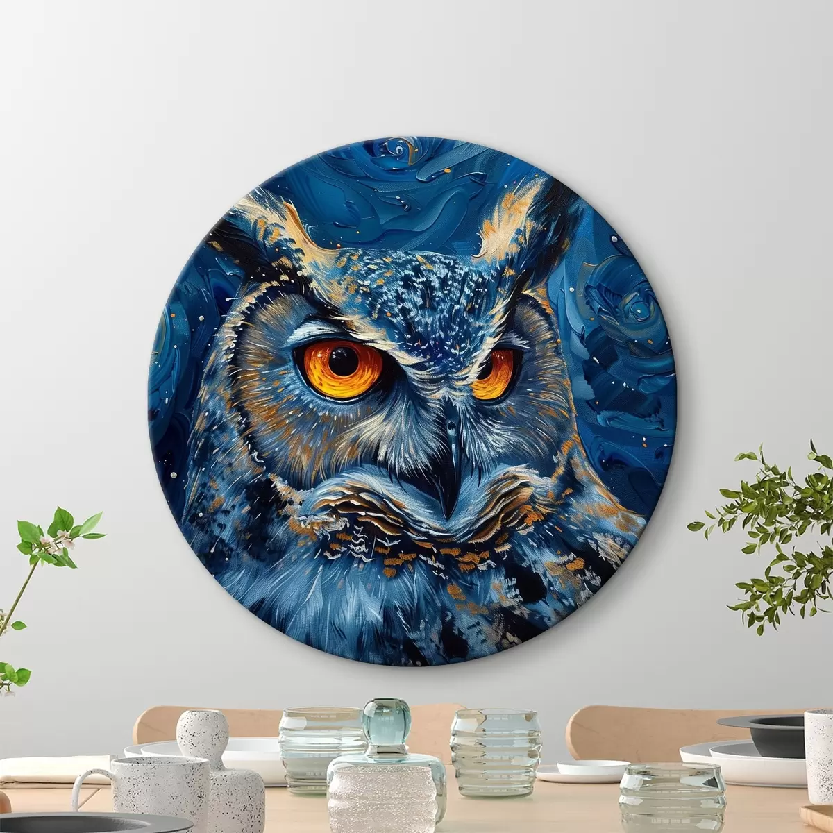 Quadri rotondi Lo sguardo notturno di un gufo contro il cielo nello stile di Van Gogh r40982