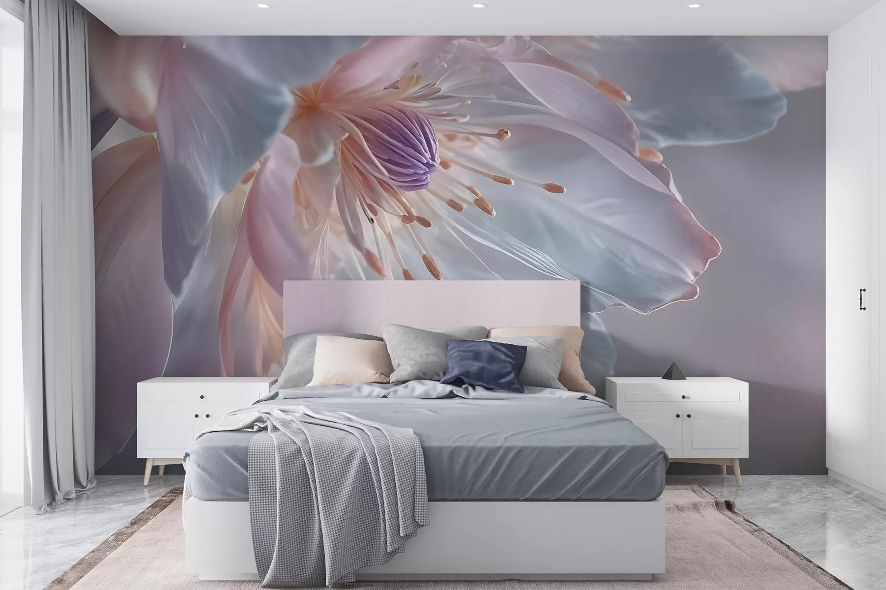 Carta da parati Floreale Primo piano di un delicato fiore color pastello con petali morbidi e traslucidi e un centro vivace n. w08605