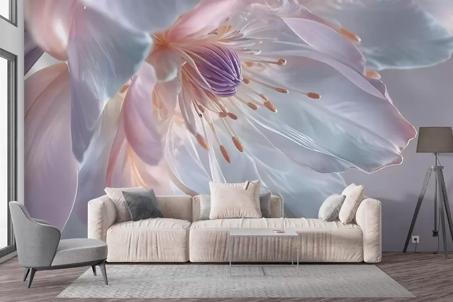 Carta da parati Floreale Primo piano di un delicato fiore color pastello con petali morbidi e traslucidi e un centro vivace n. w08605