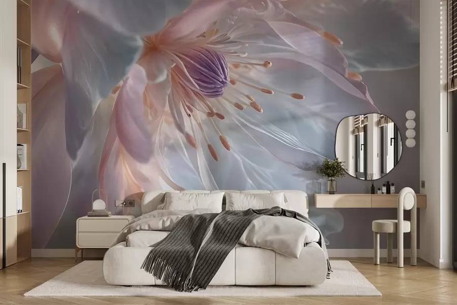 Carta da parati Floreale Primo piano di un delicato fiore color pastello con petali morbidi e traslucidi e un centro vivace n. w08605