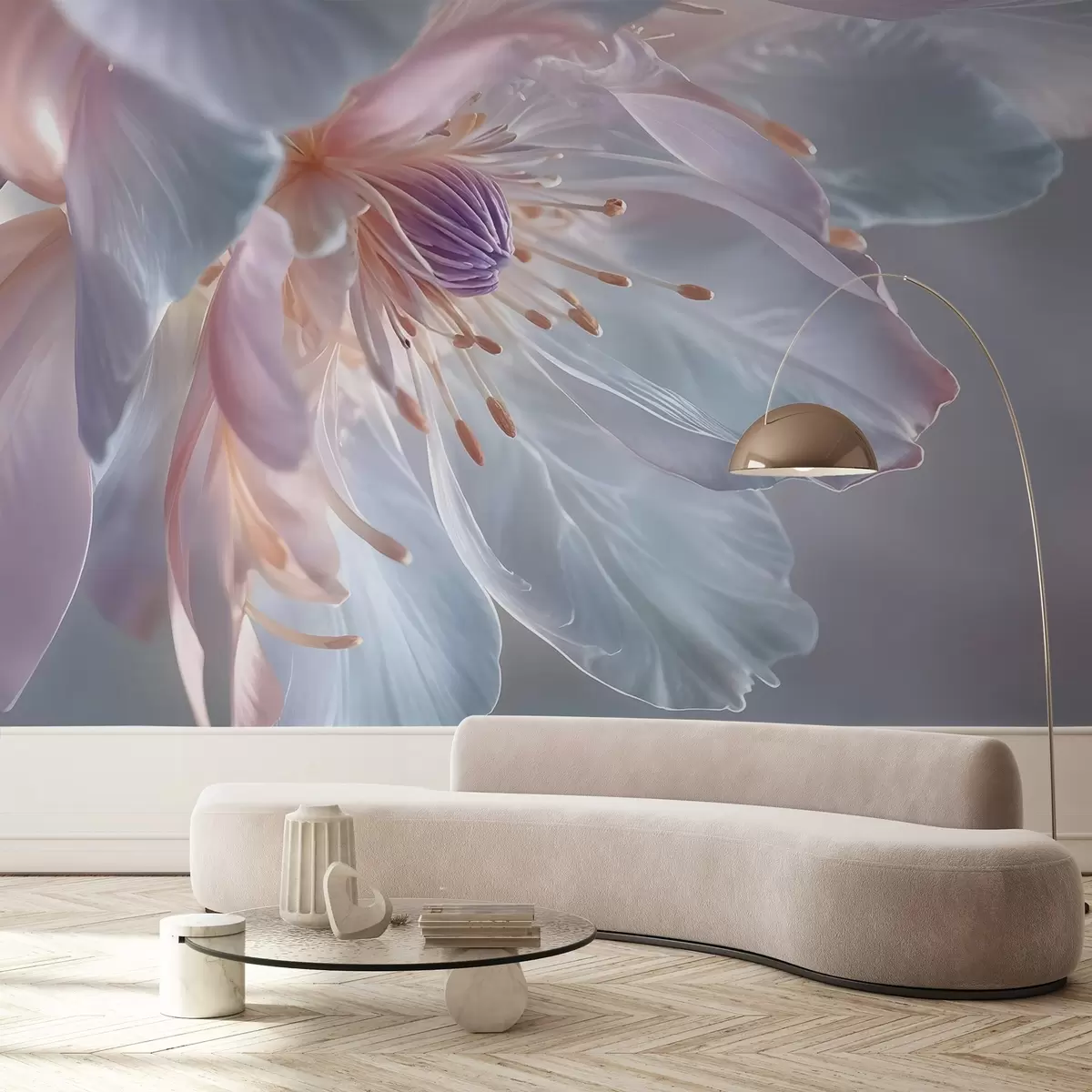 carta da parati Primo piano di un delicato fiore color pastello con petali morbidi e traslucidi e un centro vivace nr. w08605