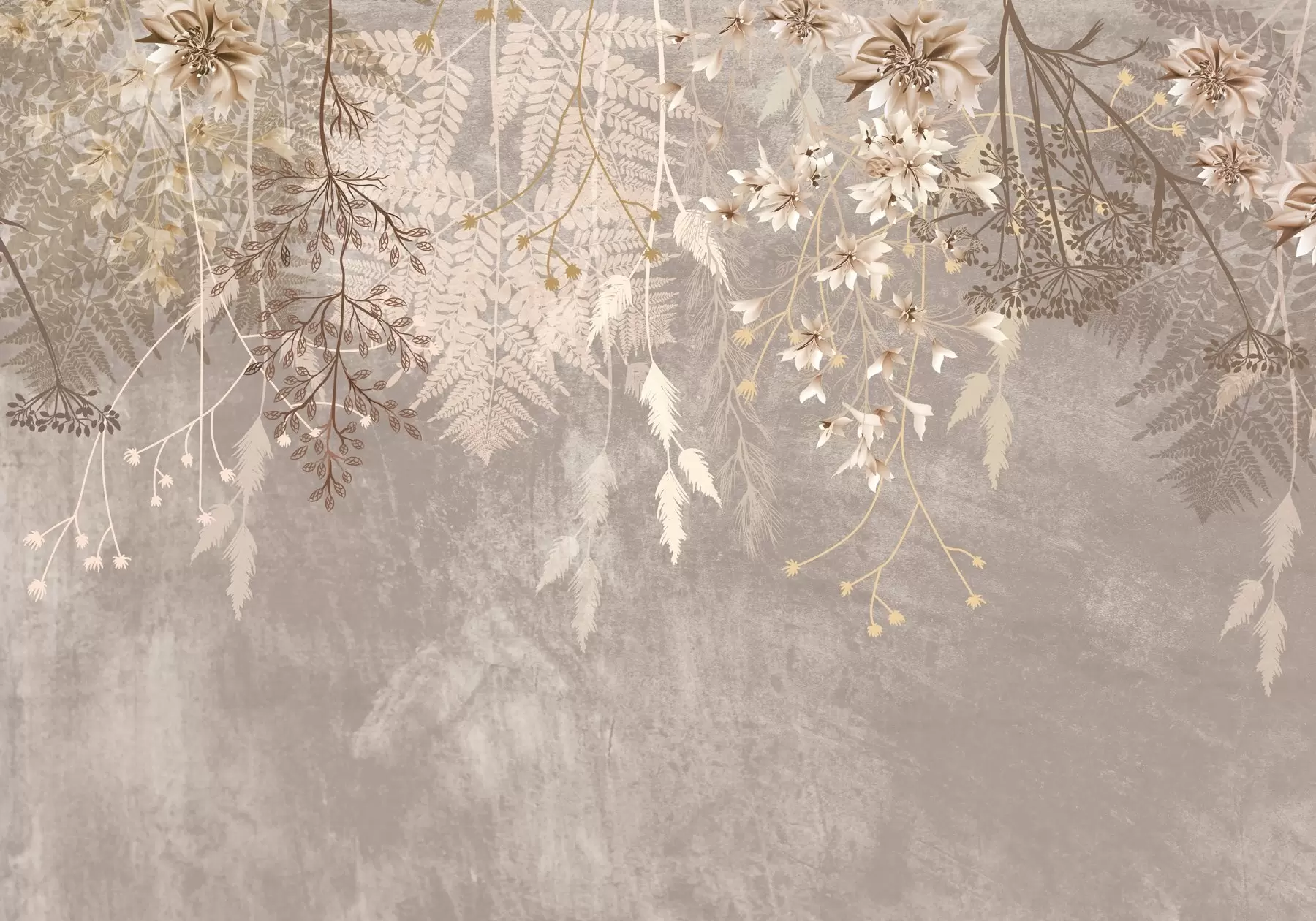 Carta da parati Floreale Piante, spighette e fiori dai colori pastello marroni su uno sfondo nebuloso e strutturato n. w08606v1