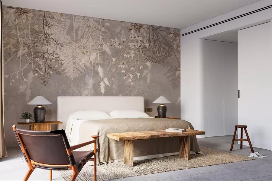 Carta da parati Floreale Piante, spighette e fiori dai colori pastello marroni su uno sfondo nebuloso e strutturato n. w08606v1