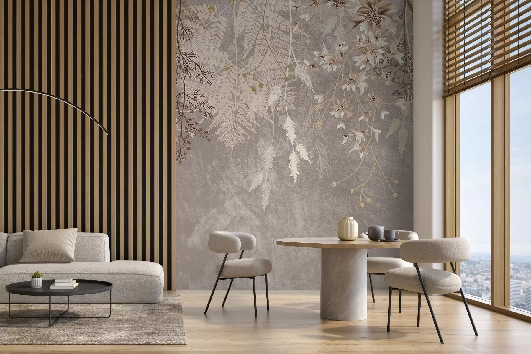 Carta da parati Floreale Piante, spighette e fiori dai colori pastello marroni su uno sfondo nebuloso e strutturato n. w08606v1