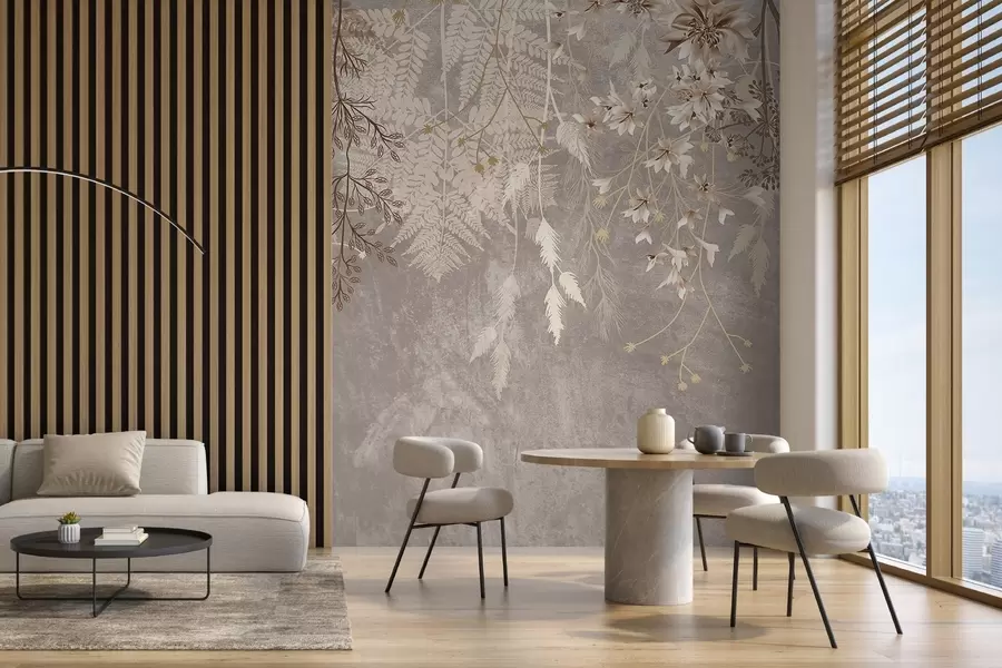 Carta da parati Floreale Piante, spighette e fiori dai colori pastello marroni su uno sfondo nebuloso e strutturato n. w08606v1