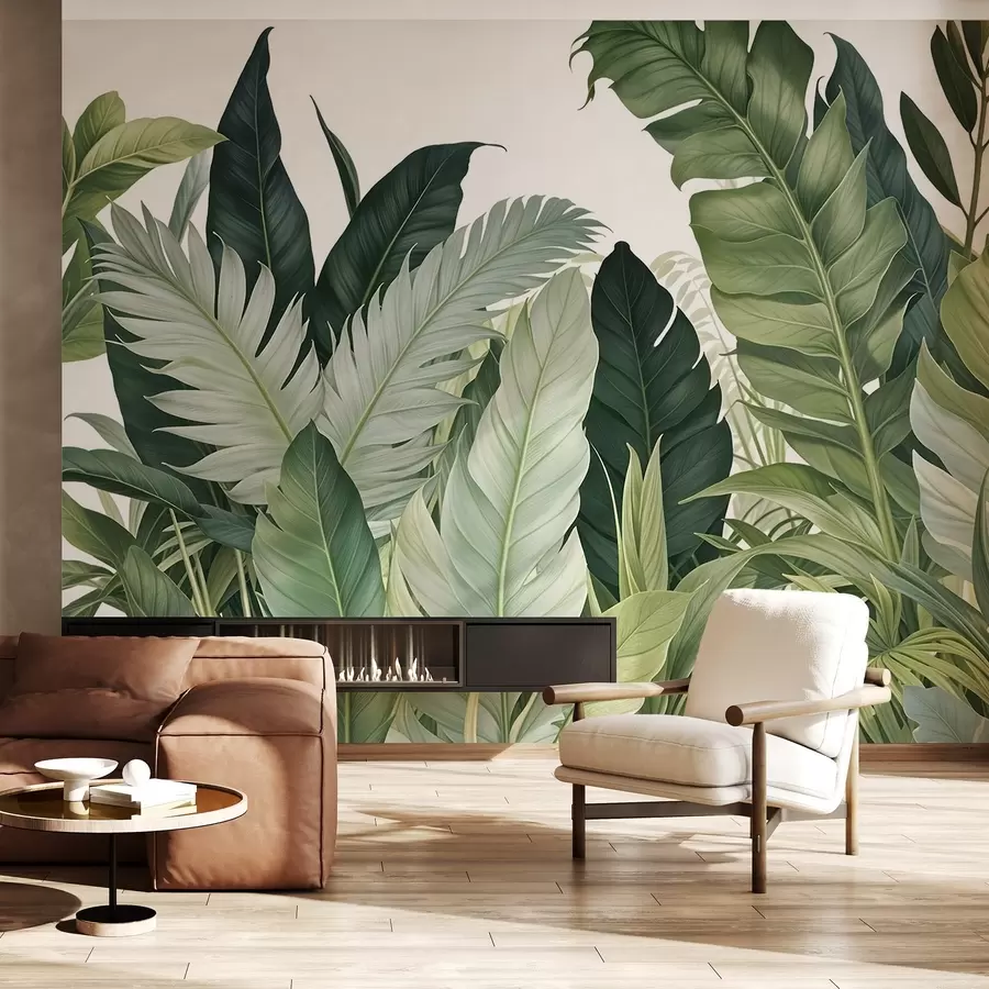 Carta da parati nature Fogliame tropicale con varie grandi foglie verdi, tra cui foglie di banano, foglie di palma e altre specie di piante esotiche 