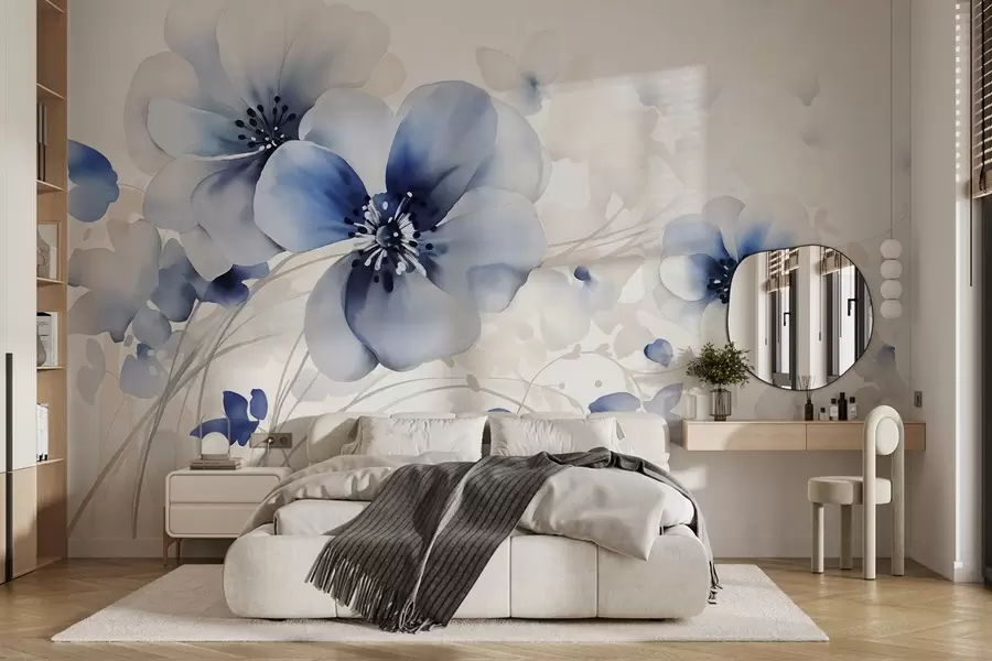 carta da parati Delicati fiori bianchi e blu simili ad acquerelli con petali morbidi e sfondo sfocato nr. w08610