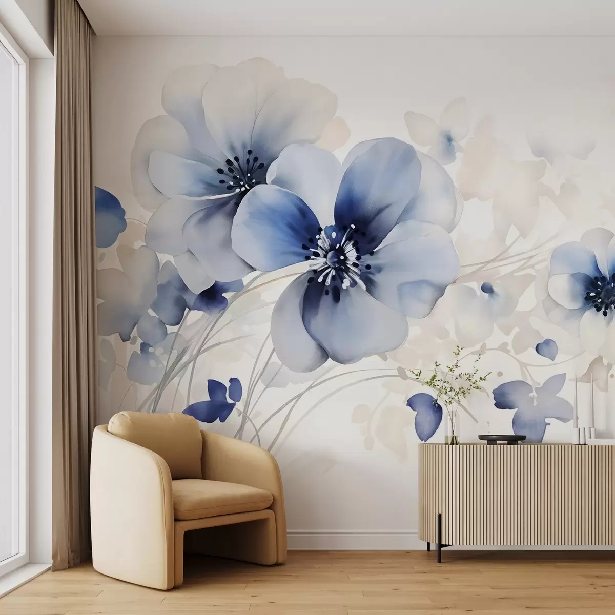 carta da parati Delicati fiori bianchi e blu simili ad acquerelli con petali morbidi e sfondo sfocato nr. w08610