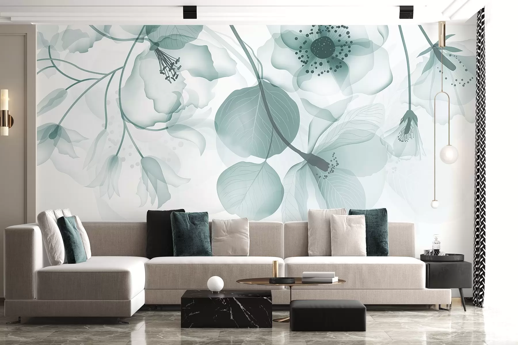 carta da parati Delicati fiori traslucidi color turchese tenue con petali morbidi e centri scuri, su uno sfondo chiaro nr. w08613v1