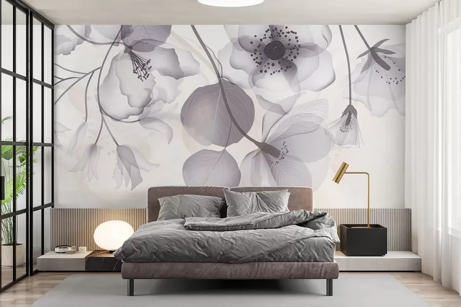 Carta da parati Floreale Delicati fiori traslucidi grigi e beige con petali morbidi e centri scuri, su uno sfondo chiaro n. w08613v2