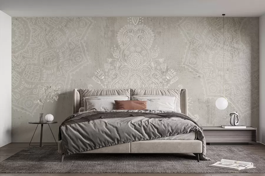 carta da parati Un dettagliato e intricato mandala in pizzo bianco stampato su uno sfondo astratto beige chiaro nr. w08614