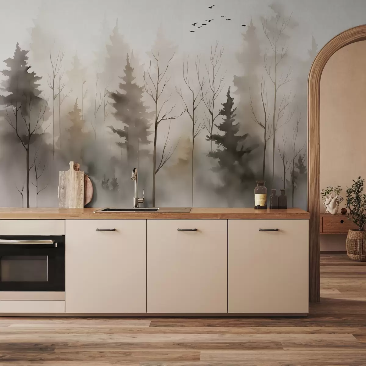 carta da parati Silhouette di abeti e alberi imitazione di acquerello bagnato nr. w02721