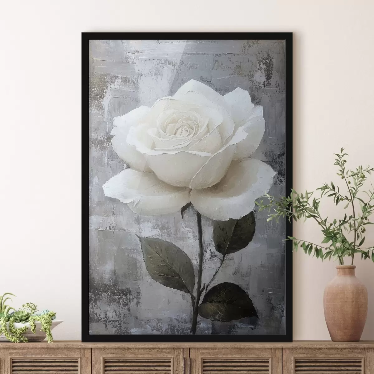 Poster Rosa bianca disegnata a mano su sfondo di cemento f42185