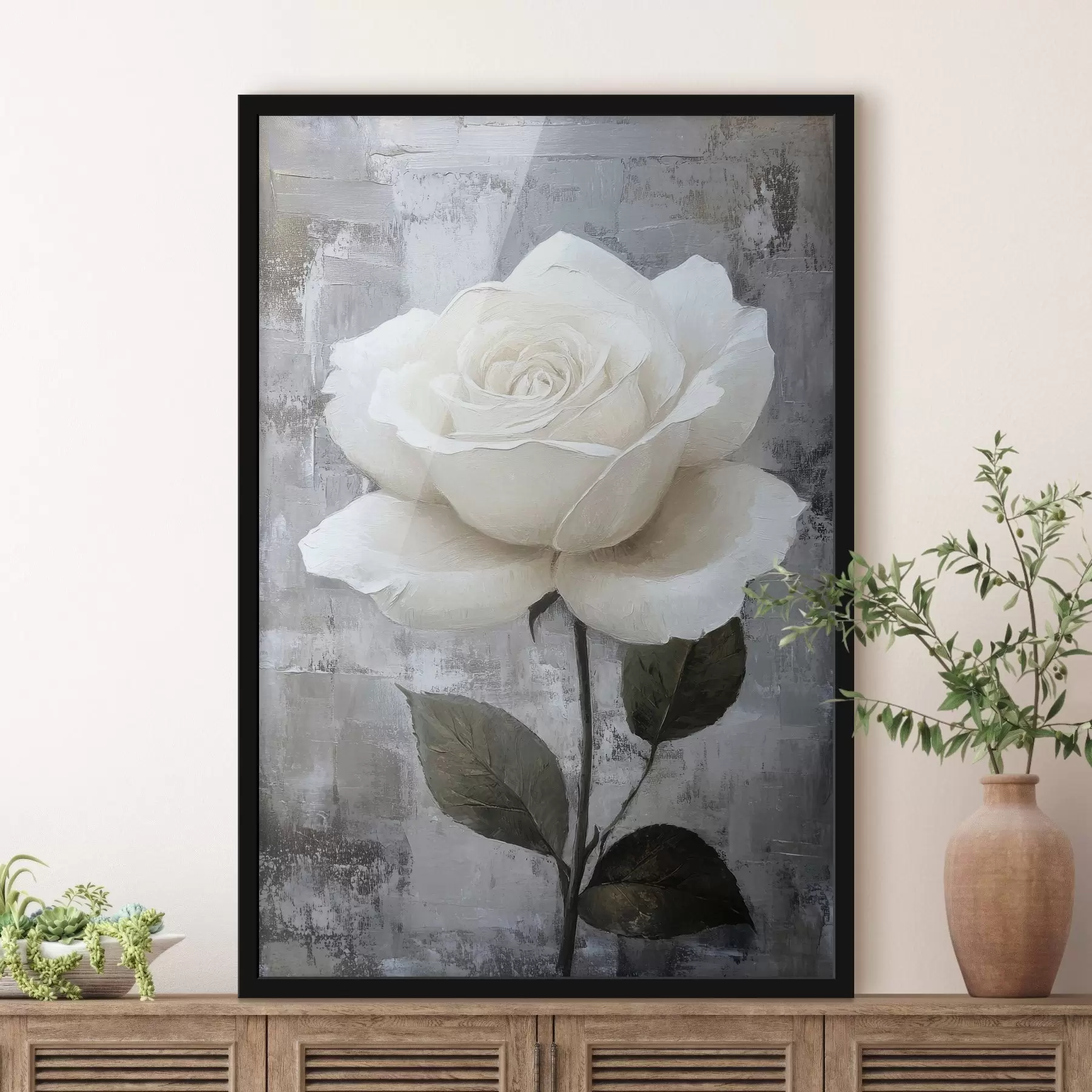 carta da parati Rosa bianca disegnata a mano su sfondo di cemento nr. f42185