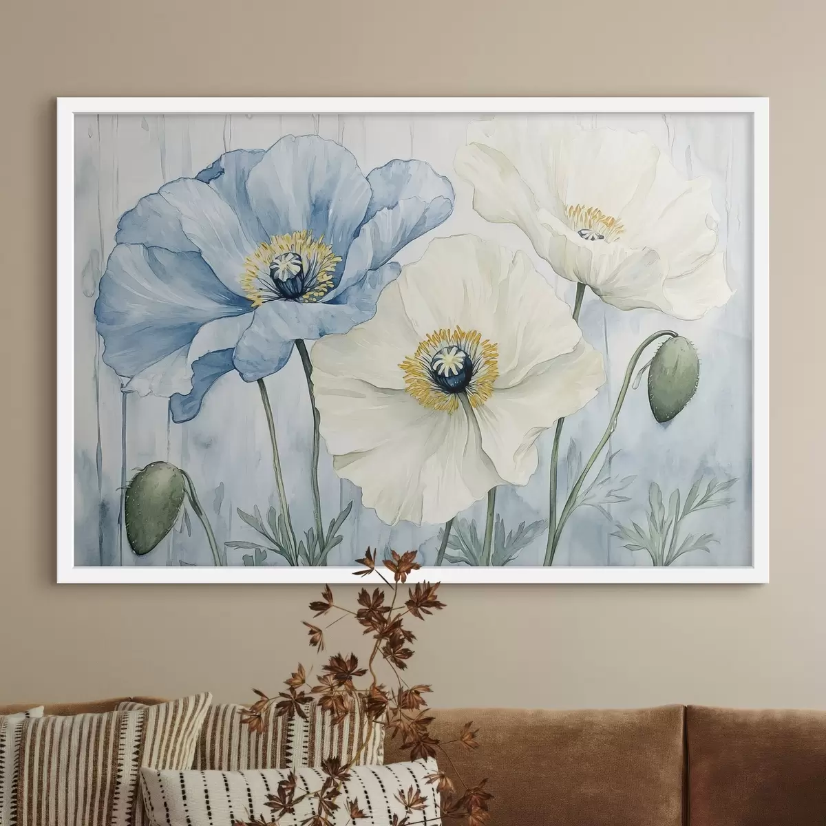 Poster Papaveri blu e bianchi su sfondo acquerellato f42191