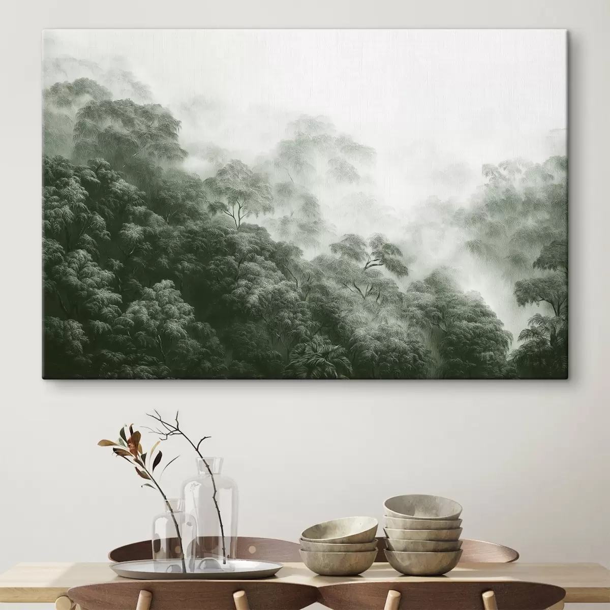 carta da parati Foresta tropicale nella nebbia, palme, colori verdi nr. s42371