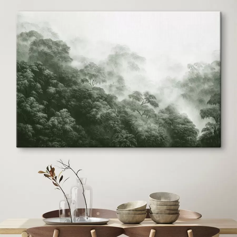 carta da parati Foresta tropicale nella nebbia, palme, colori verdi nr. s42371