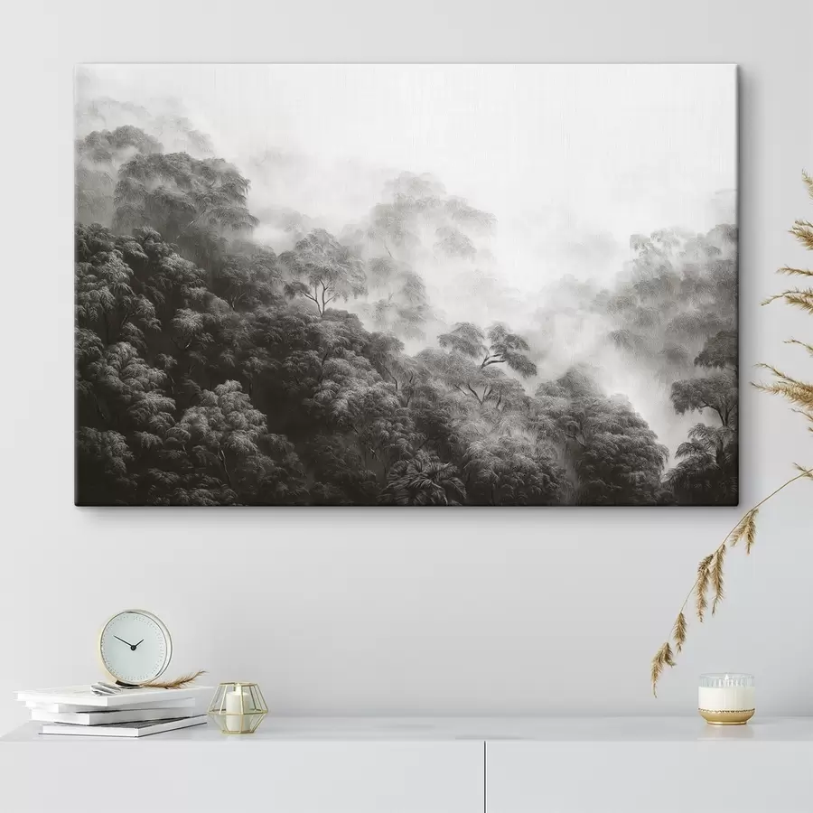 carta da parati Foresta tropicale nella nebbia, palme, colori grigi nr. s42371v1