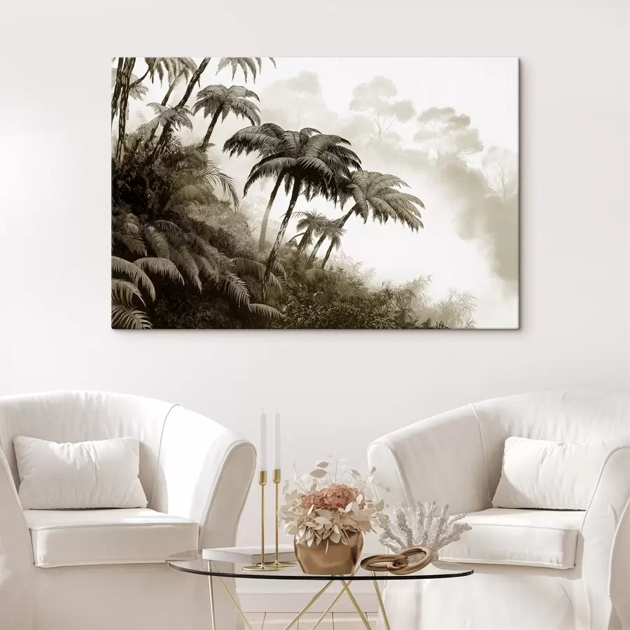 carta da parati Foresta della giungla nella nebbia, palme, natura, colori beige nr. s42372
