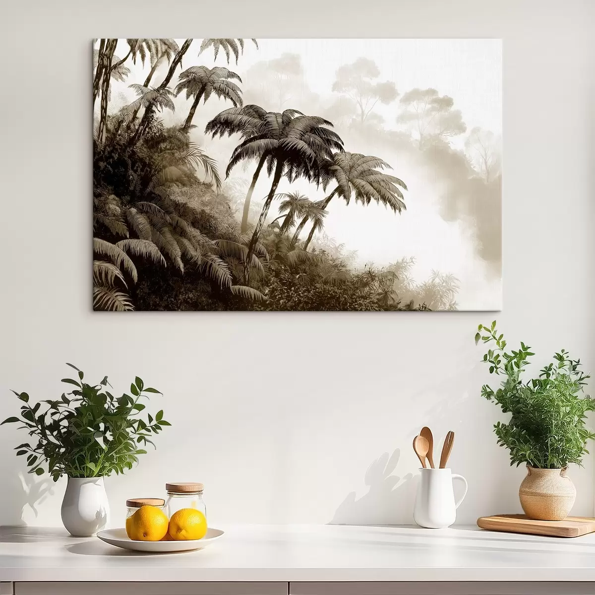 carta da parati Foresta della giungla nella nebbia, palme, natura, colori beige nr. s42372