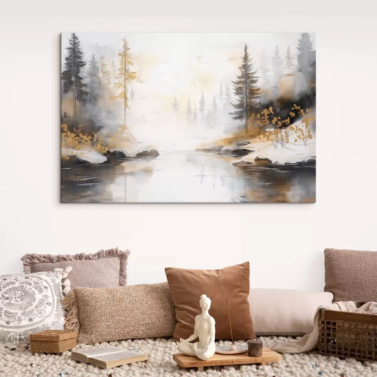 carta da parati Paesaggio naturale con fiume, foresta e pini, colori pastello tenui nr. s42375