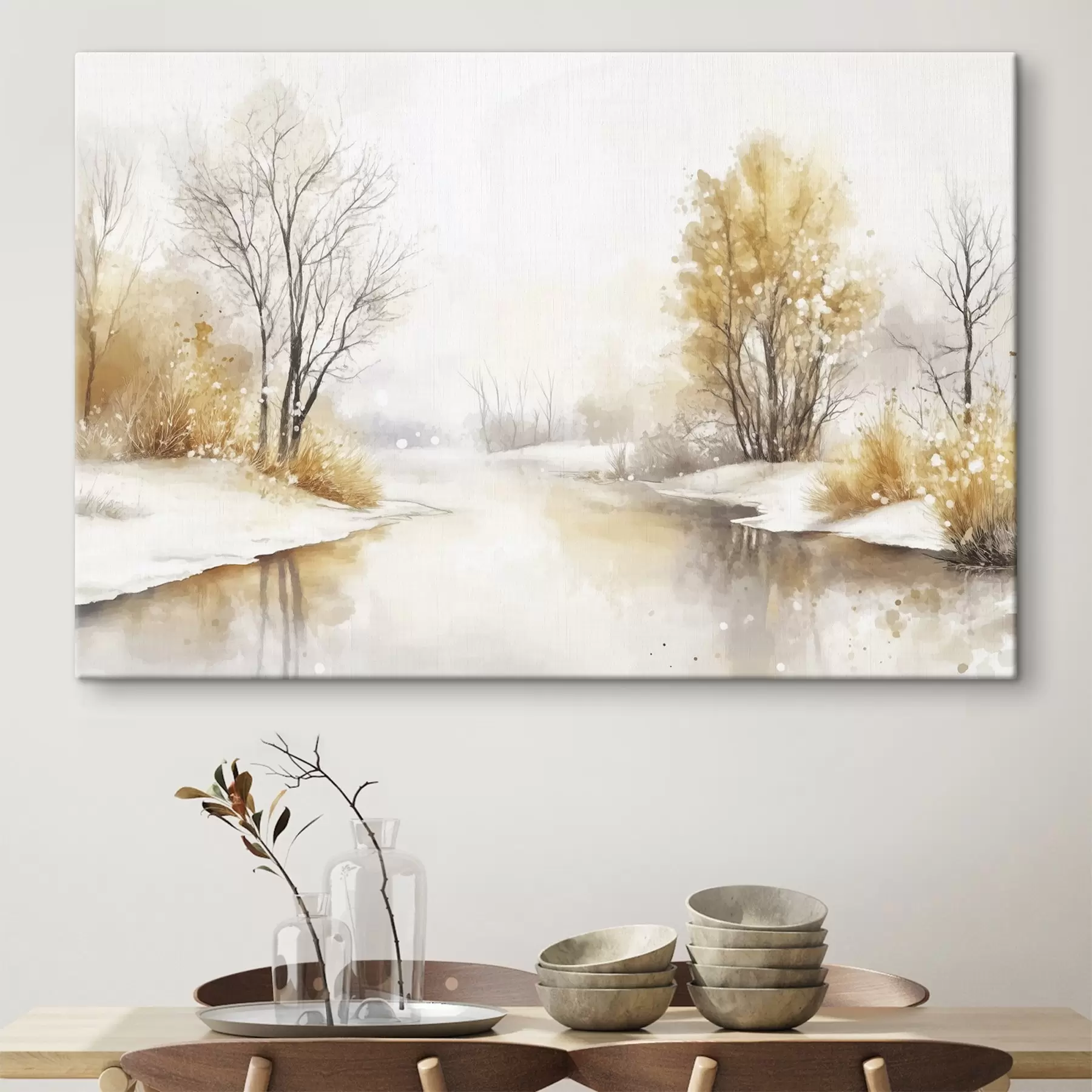 carta da parati Paesaggio invernale, fiume e alberi, stile acquerello, colori beige nr. s42376