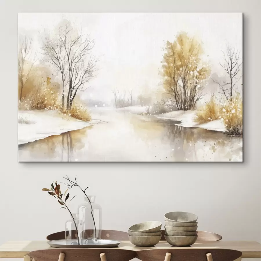 carta da parati Paesaggio invernale, fiume e alberi, stile acquerello, colori beige nr. s42376