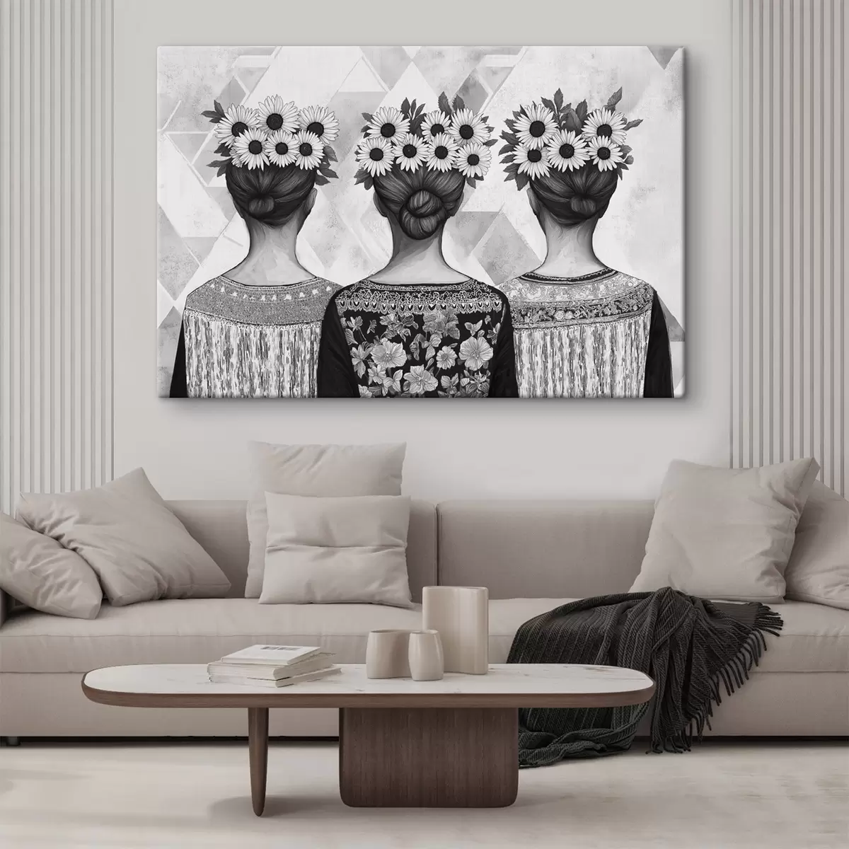 carta da parati Tre donne in abiti etnici, disegno a matita, girasoli nr. s42377