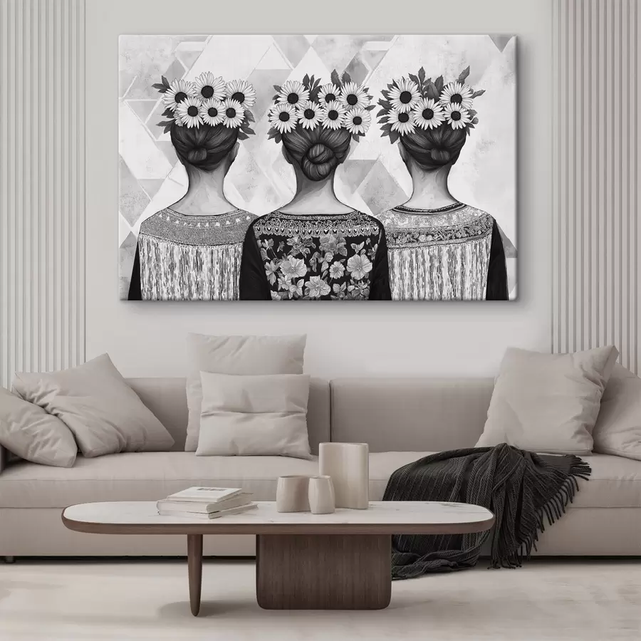 carta da parati Tre donne in abiti etnici, disegno a matita, girasoli nr. s42377