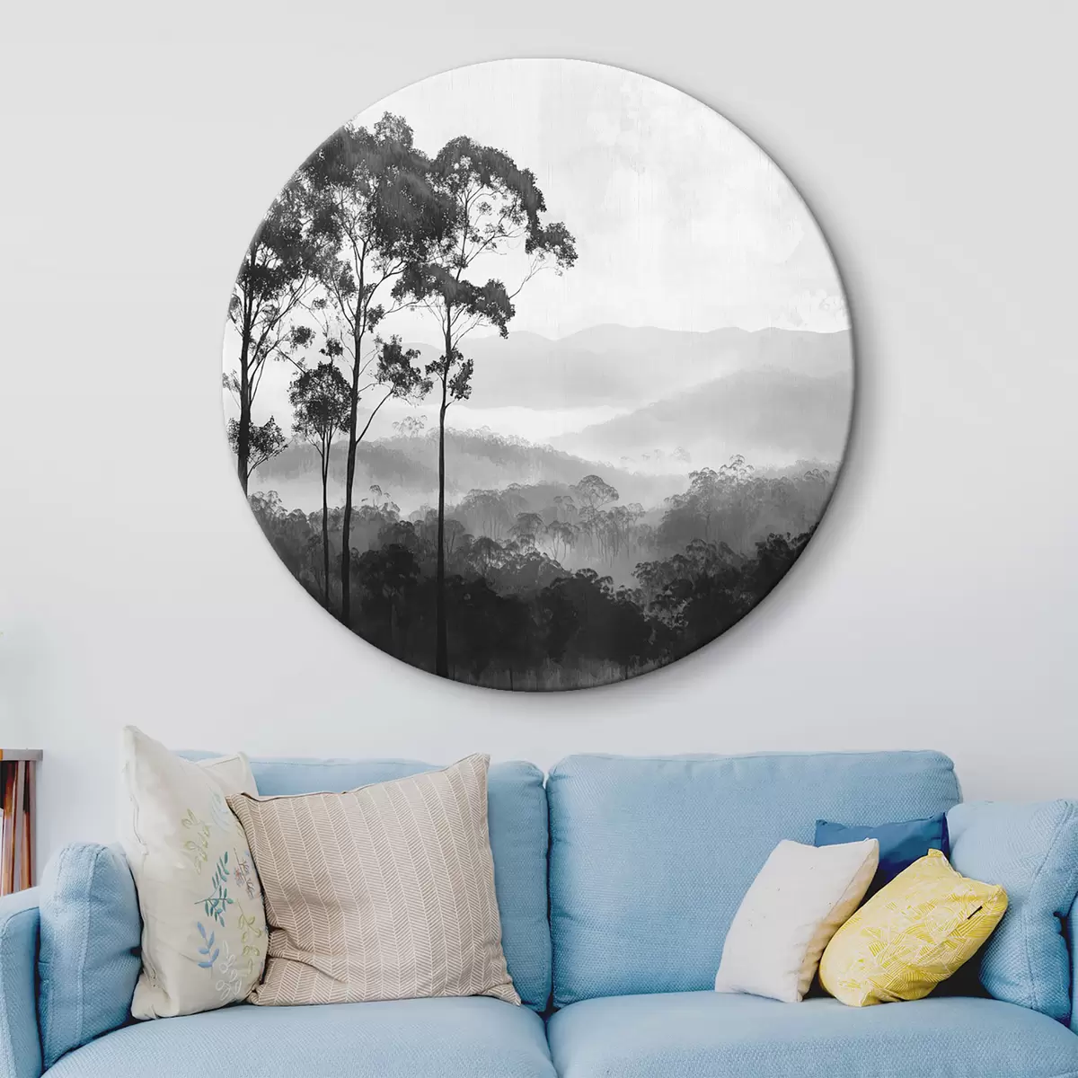 Quadri rotondi Foresta mistica nei toni del grigio, paesaggio naturale, alberi r42373
