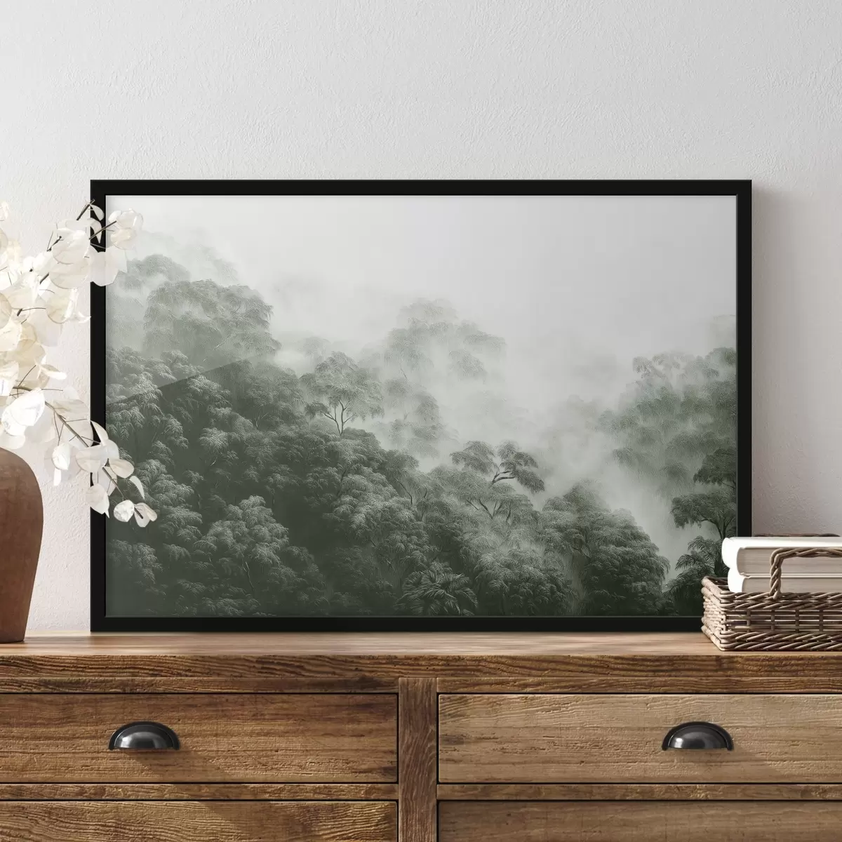 Poster Foresta tropicale nella nebbia, palme, colori verdi f42371