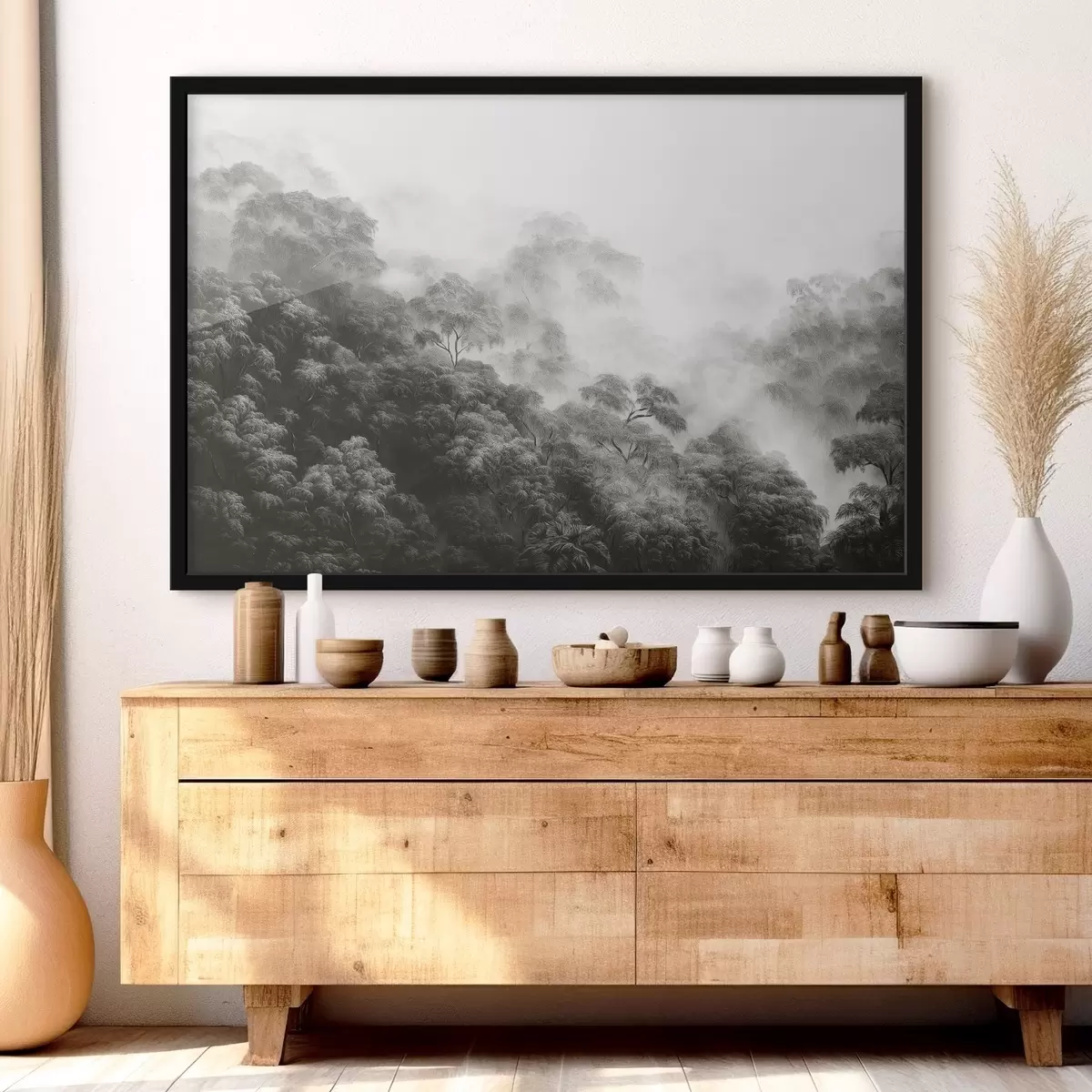 Poster Foresta tropicale nella nebbia, palme, colori grigi f42371v1