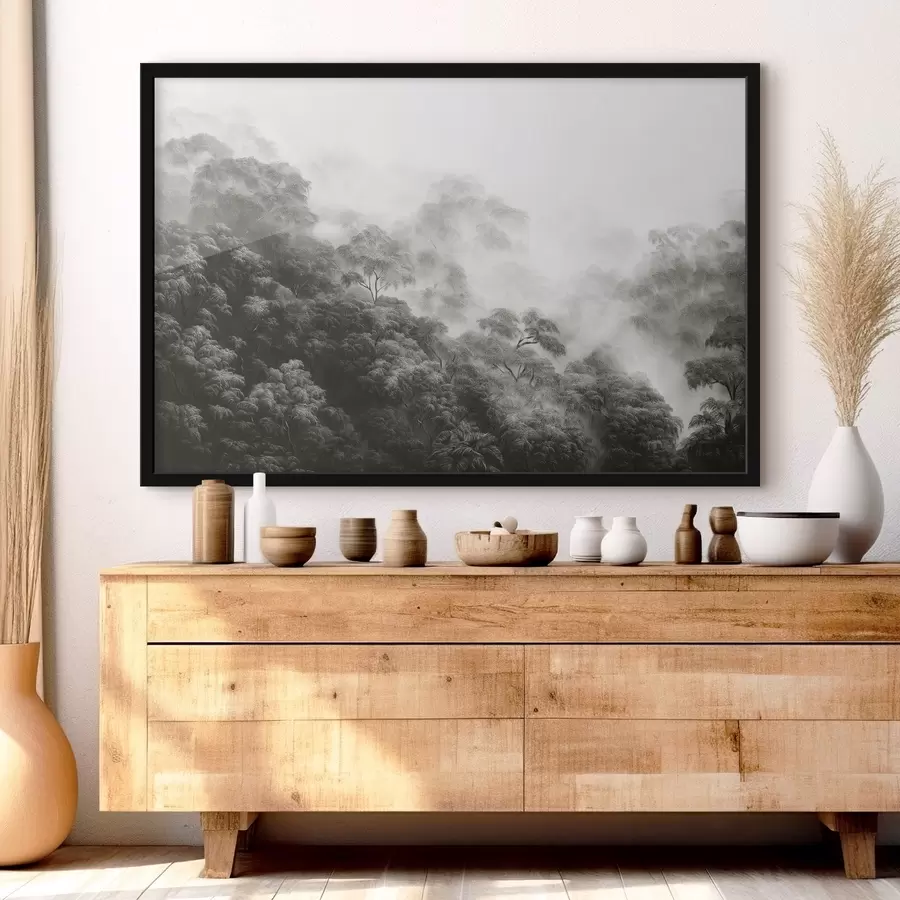 carta da parati Foresta tropicale nella nebbia, palme, colori grigi nr. f42371v1