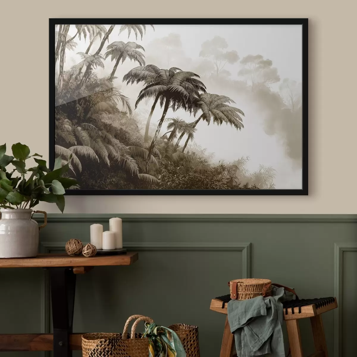 Poster Foresta della giungla nella nebbia, palme, natura, colori beige f42372