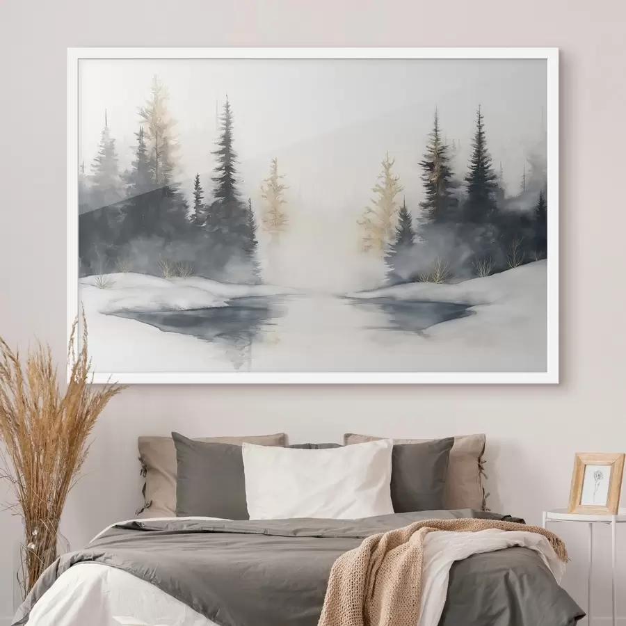carta da parati Paesaggio invernale con fiume e pini, natura, foresta, nebbia nr. f42374