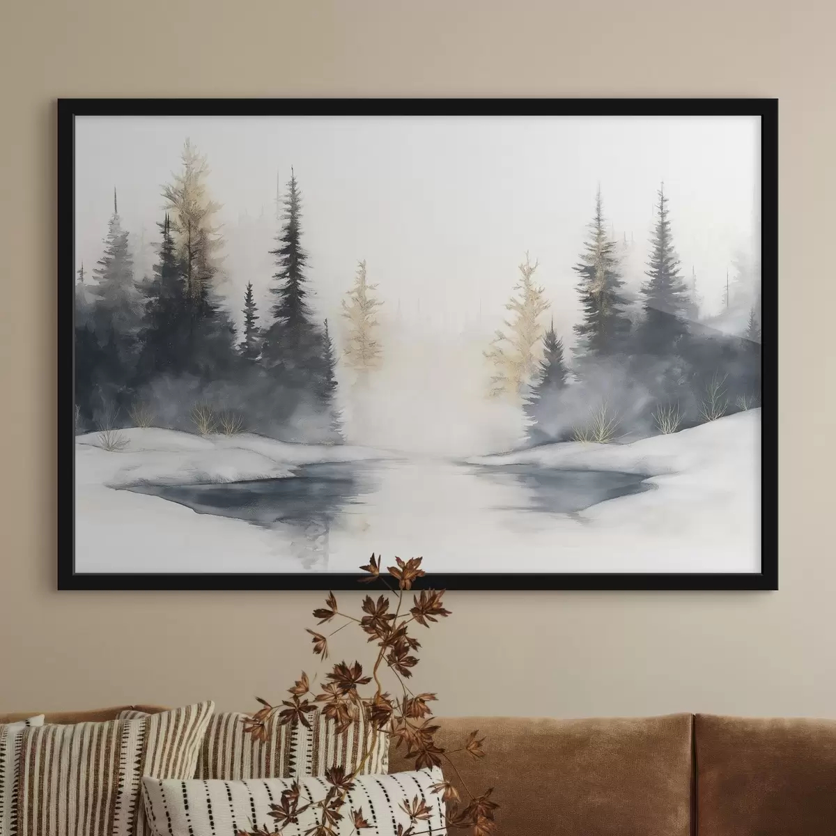 Poster Paesaggio invernale con fiume e pini, natura, foresta, nebbia f42374