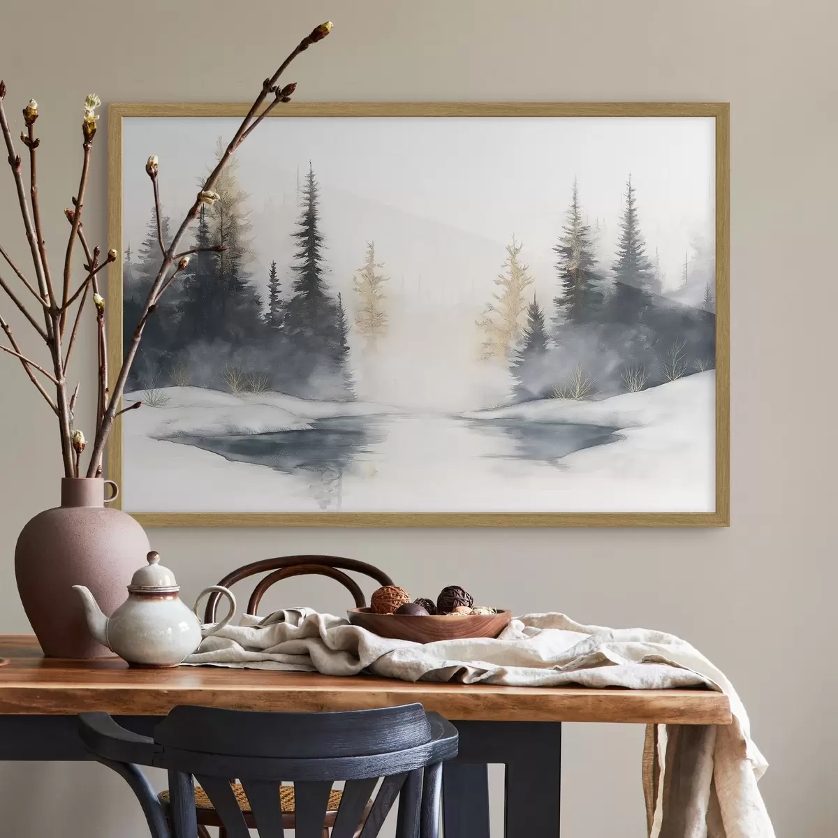 Poster Paesaggio invernale con fiume e pini, natura, foresta, nebbia f42374