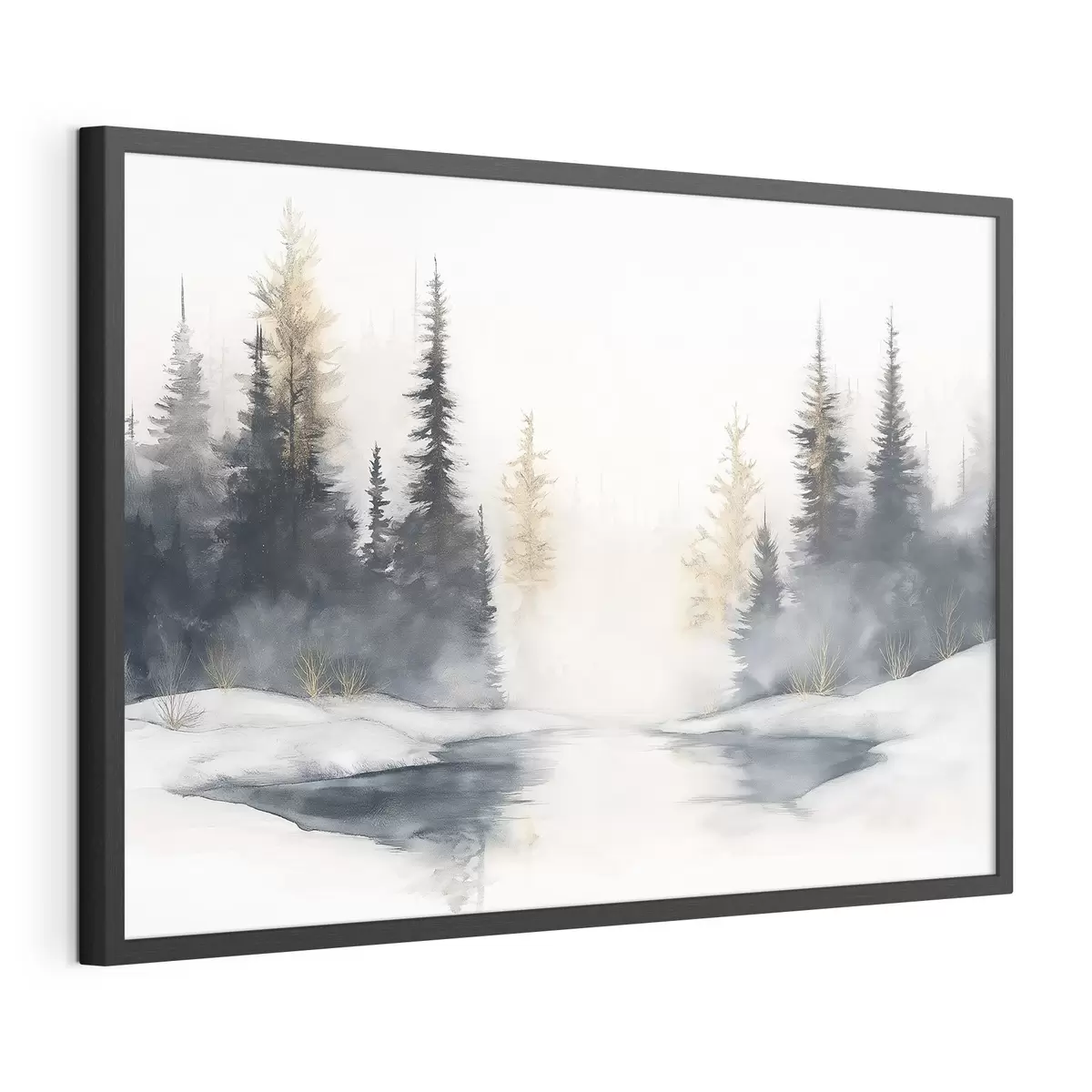 Poster Paesaggio invernale con fiume e pini, natura, foresta, nebbia f42374